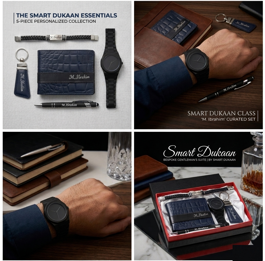 Customize Best Deal Gift Set for Men – Wallet, Keychain, Pen, Leather Bracelet & Aura Watch | Premium Personalized Gift Combo