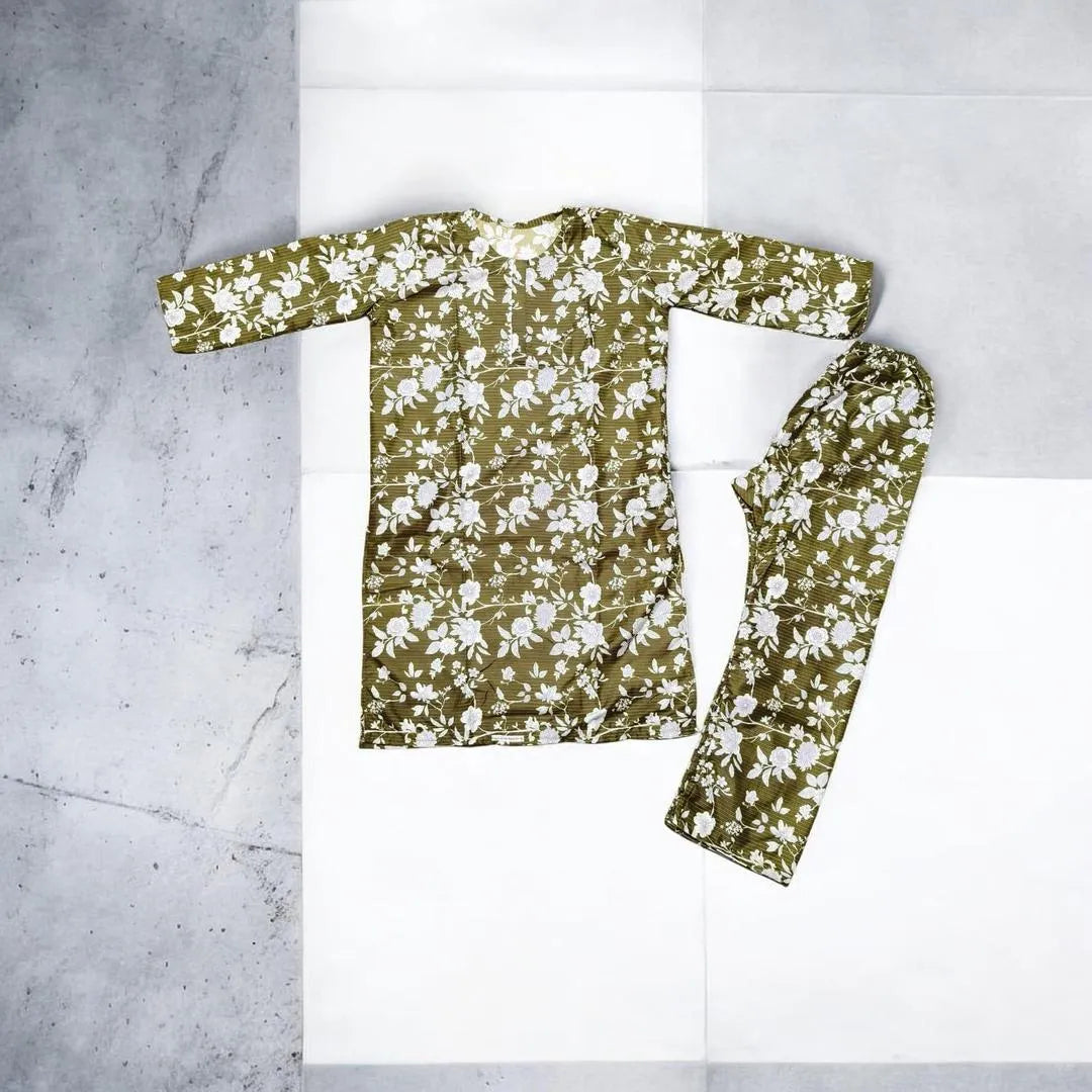 Cotton Lawn Floral 2-Piece Set Olive White Medium