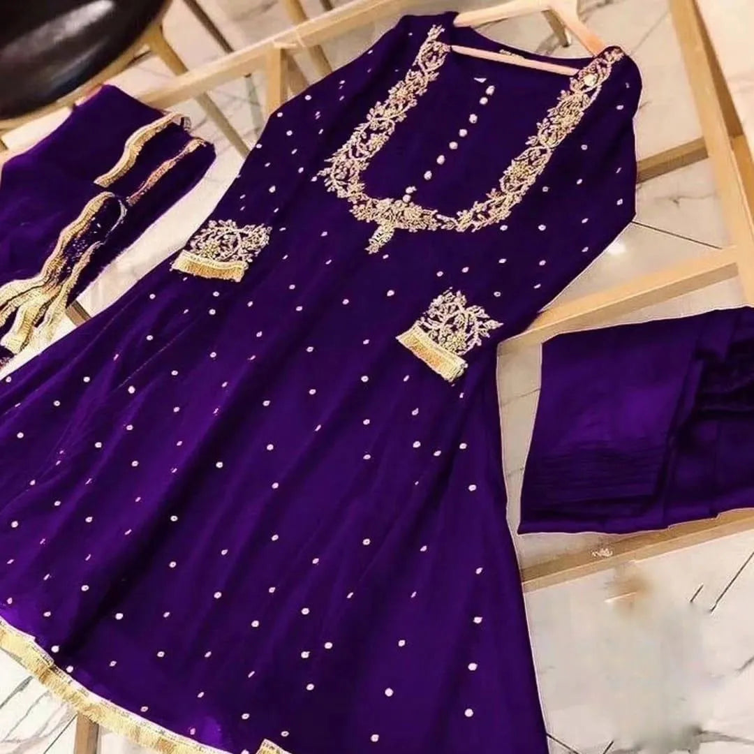 Chiffon 3-Piece Set with Gold Embroidery & Pearls