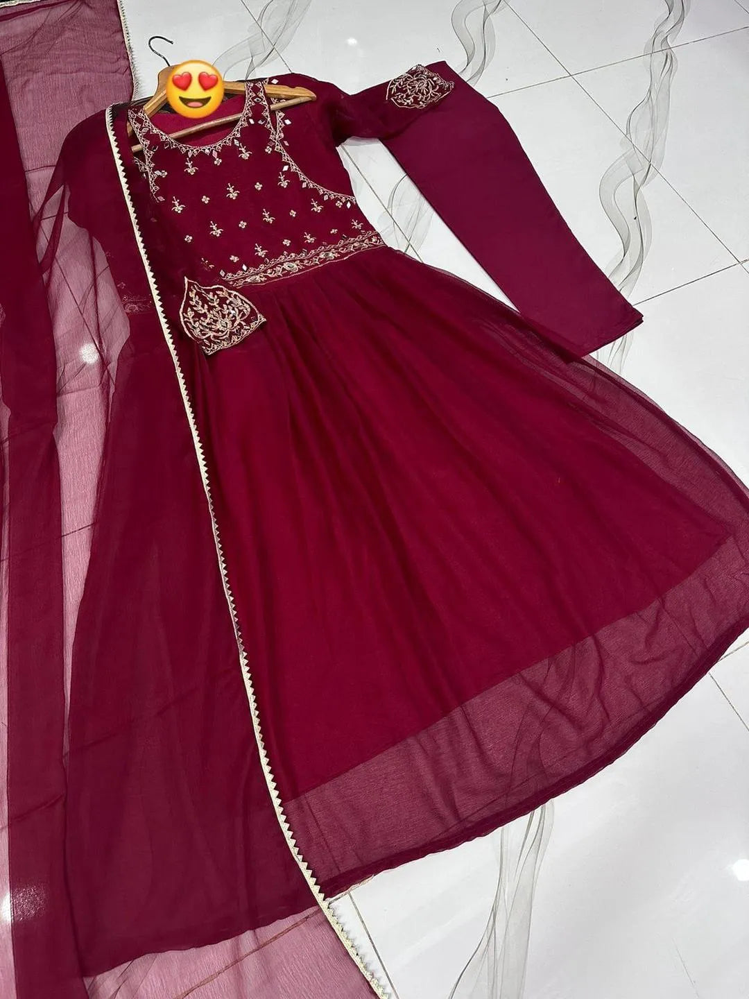 Black & Maroon Embroidered Maxi Suit with Lace Dupatta & Trouser Set