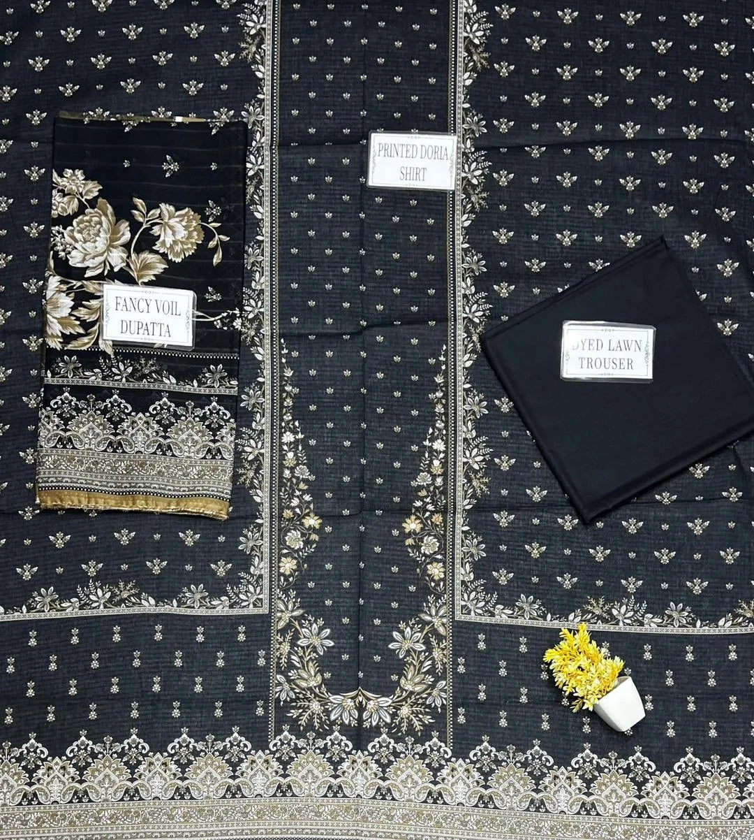 Black Printed Dobby Lawn 3Pcs Kurta Set