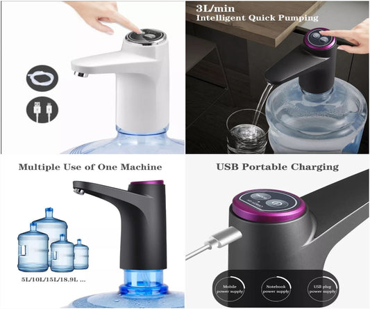 Collage of a USB portable charging water dispenser with various uses and features.