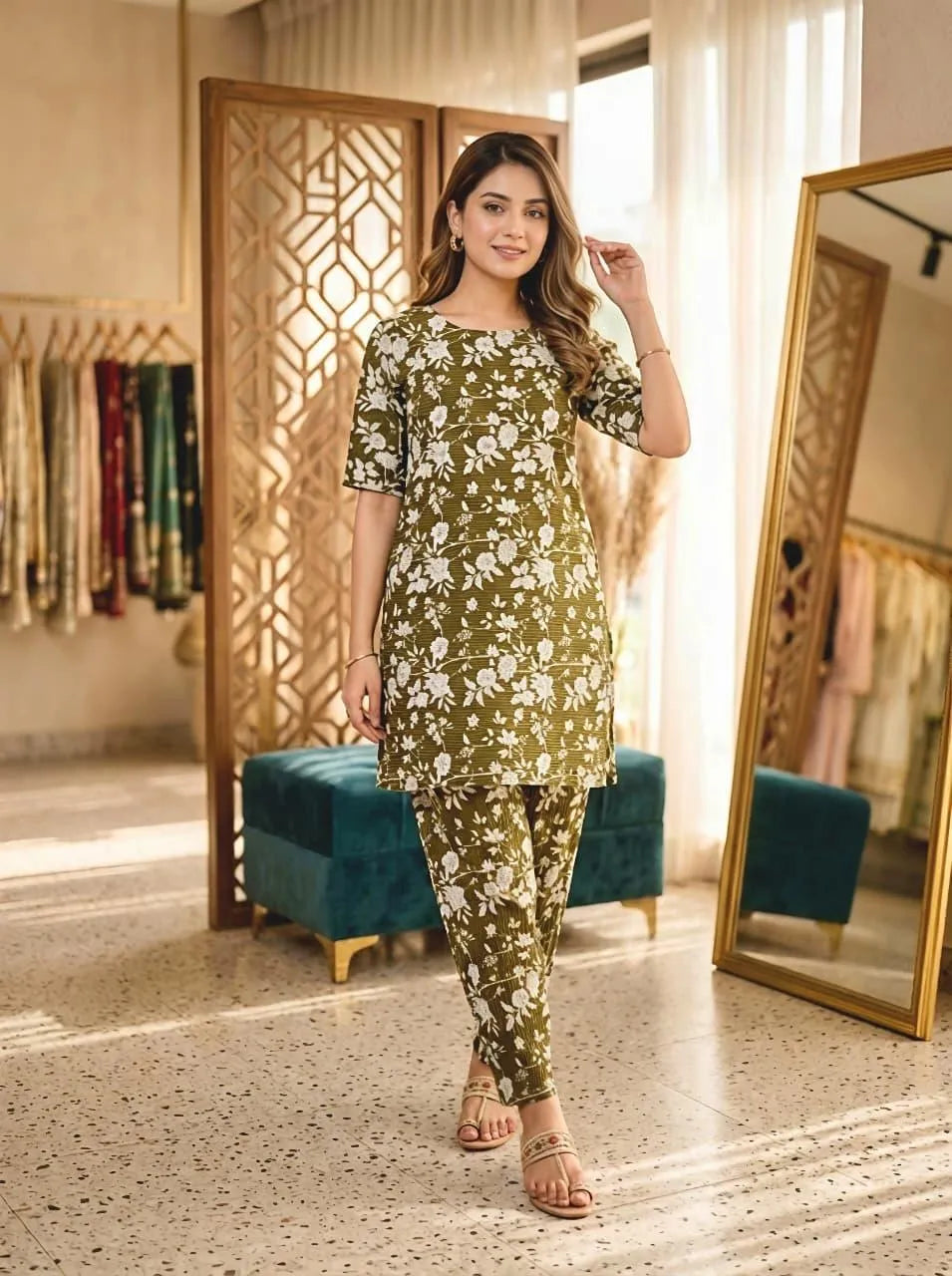 Cotton Lawn Floral 2-Piece Set Olive White Medium