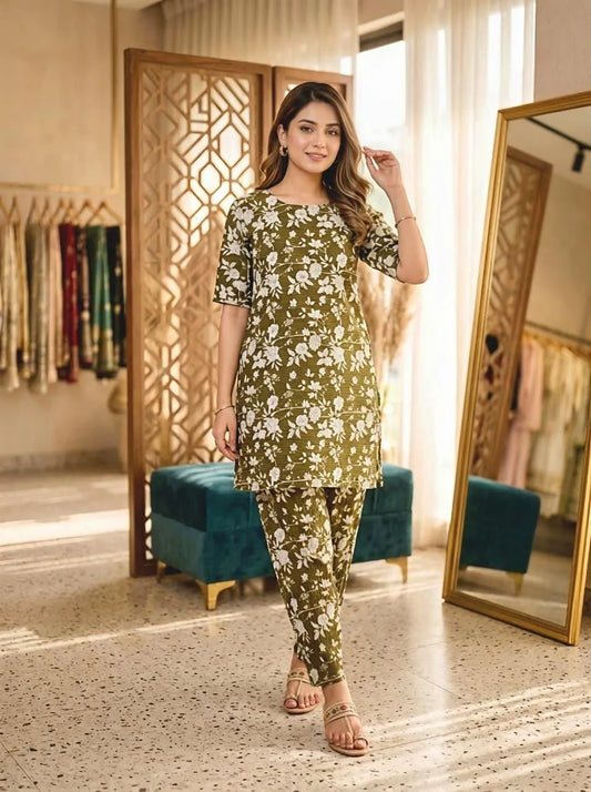 Cotton Lawn Floral 2-Piece Set Olive White Medium