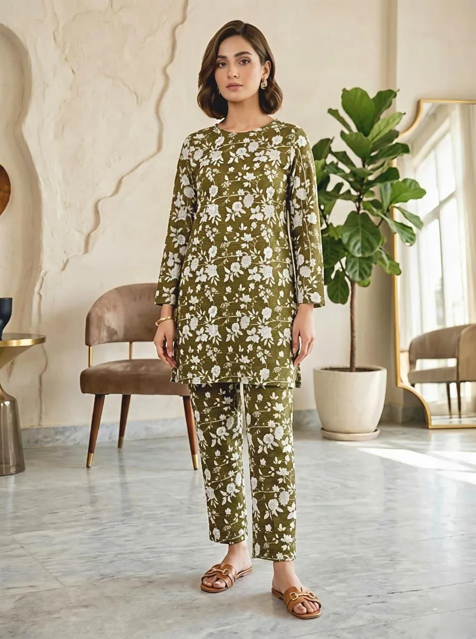 Cotton Lawn Floral 2-Piece Set Olive White Medium