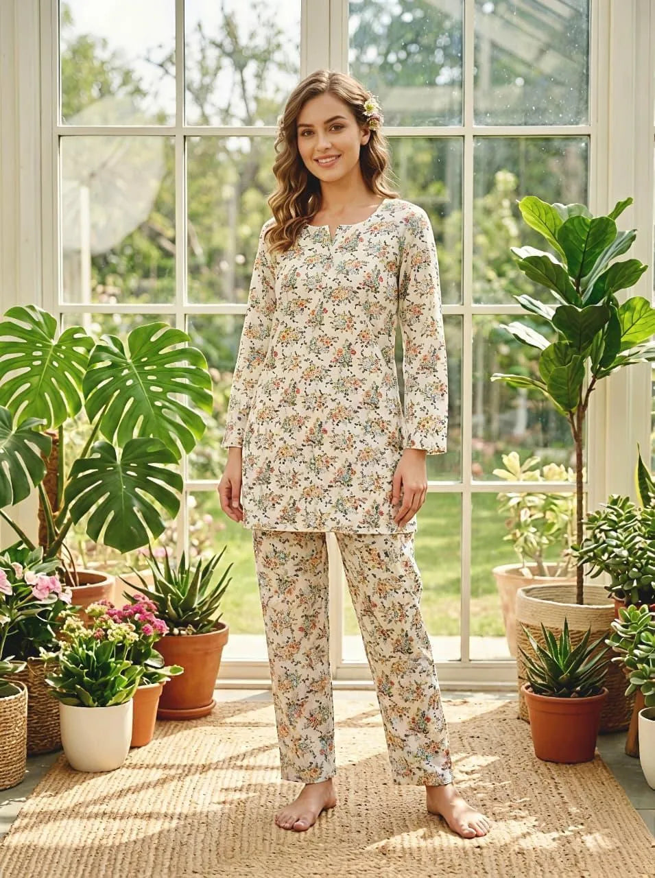 Buy : Women Floral Cotton Lawn 2-Piece Summer Set Medium & Get : Golden Crystal Earrings for Women 2 Pcs