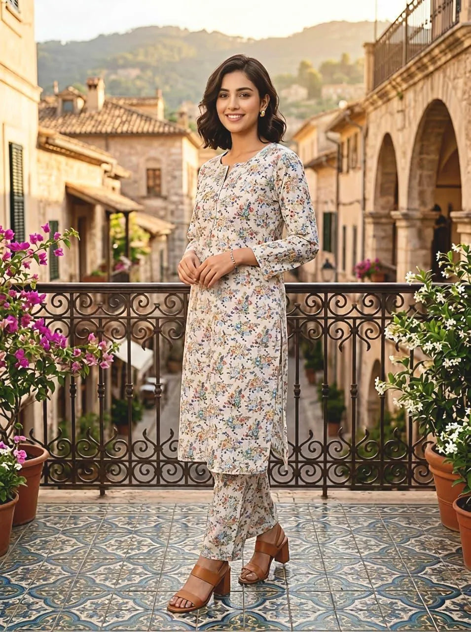 Buy : Women Floral Cotton Lawn 2-Piece Summer Set Medium & Get : Golden Crystal Earrings for Women 2 Pcs