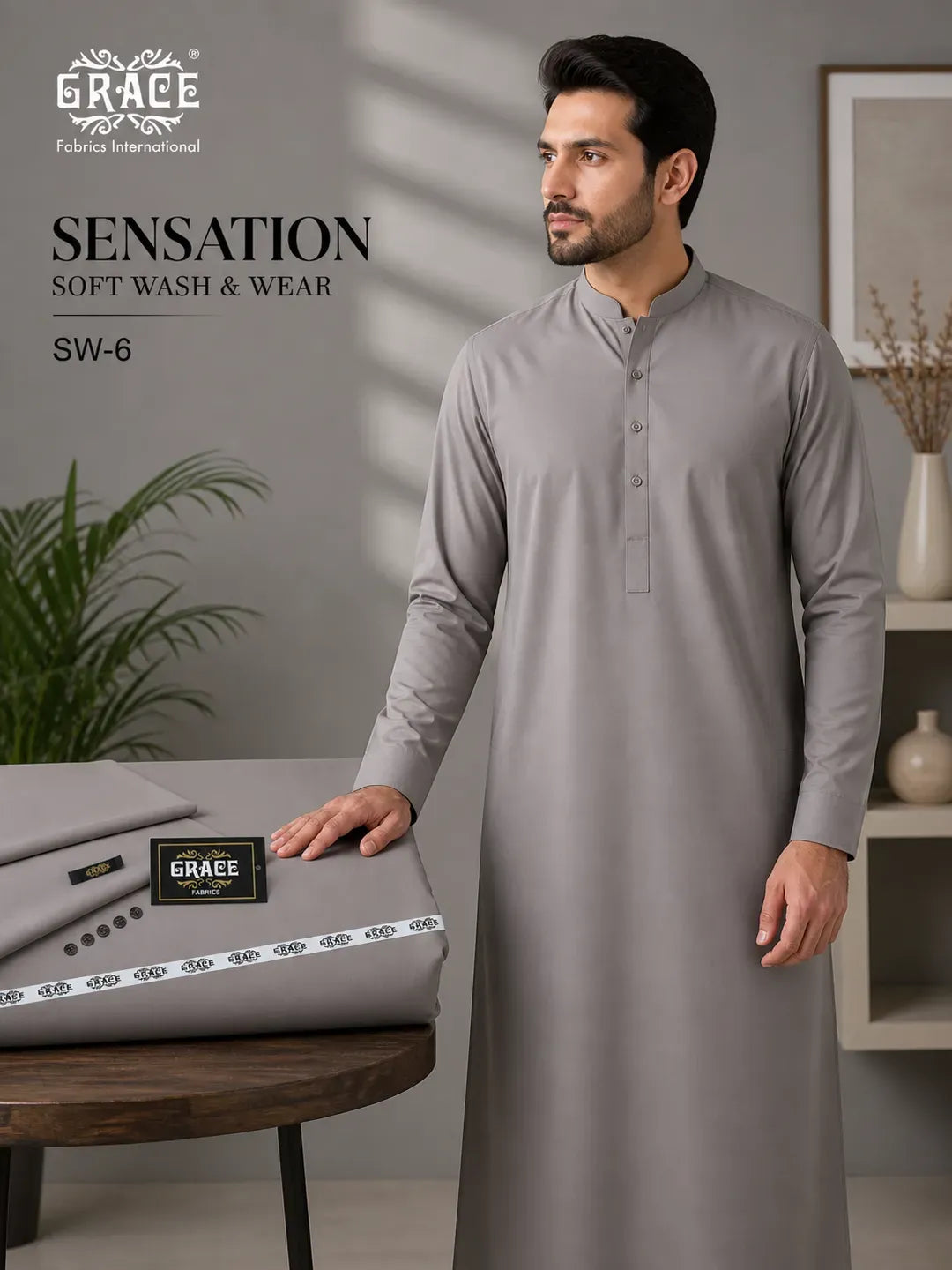 Men's Grey Wash & Wear Kurta Suit SW-2