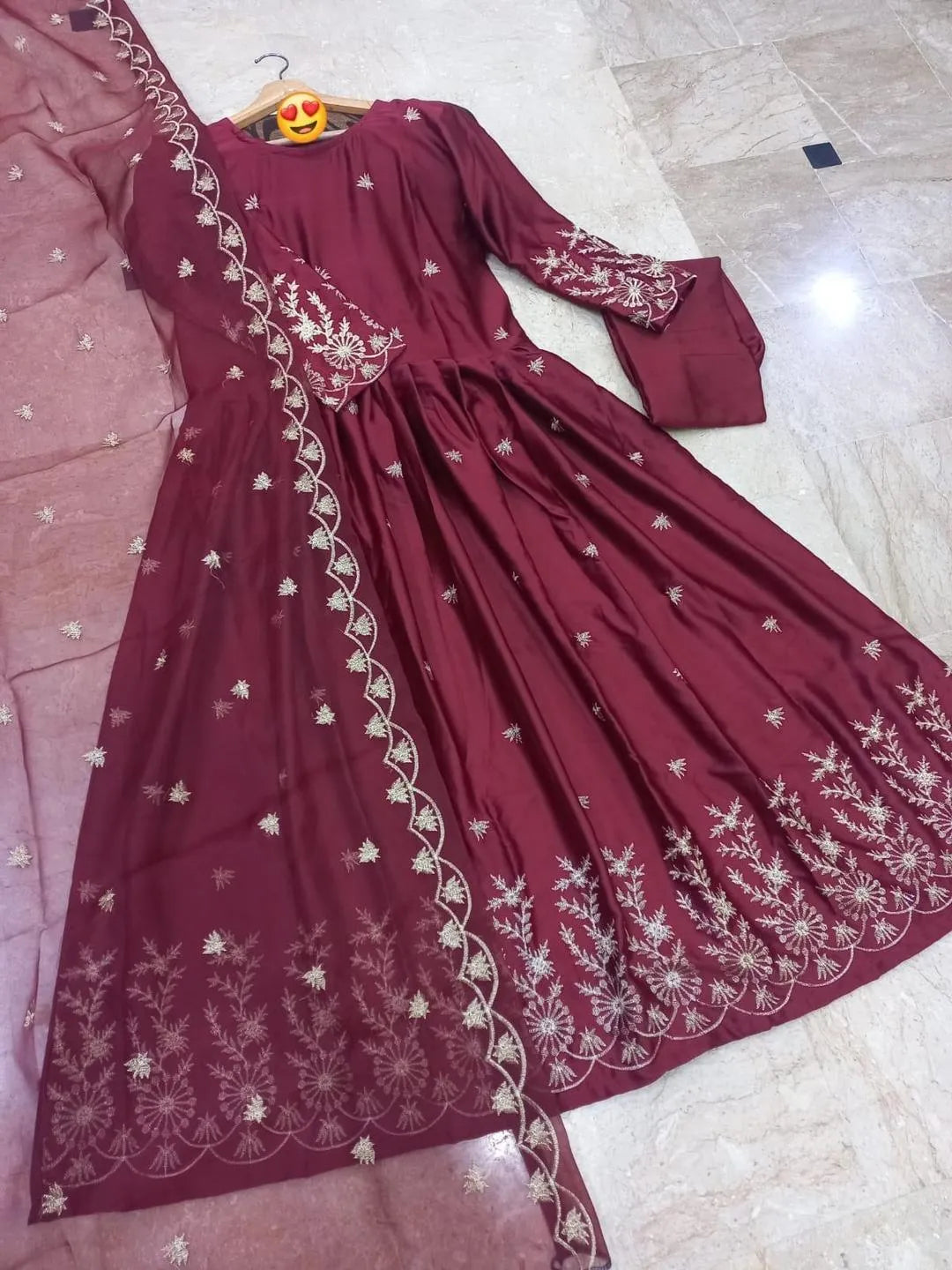 Border Embroidered Maxi Set 3Pcs Maroon Organza Dupatta