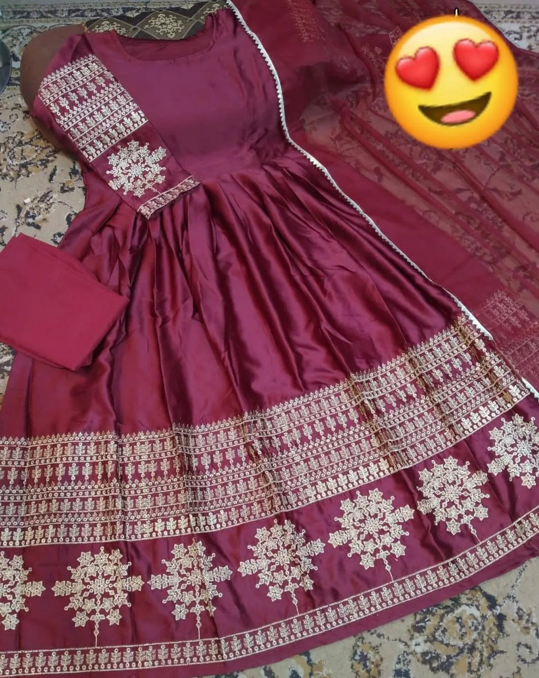 3 Pcs Women's Stitched Shamoz Silk Embroidered Maxi And Trouser