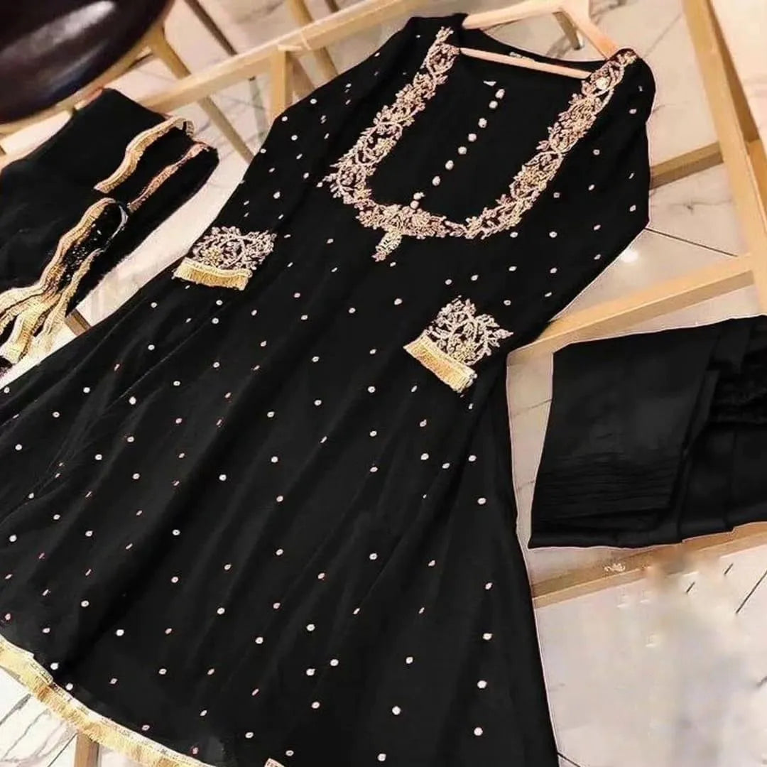Chiffon 3-Piece Set with Gold Embroidery & Pearls
