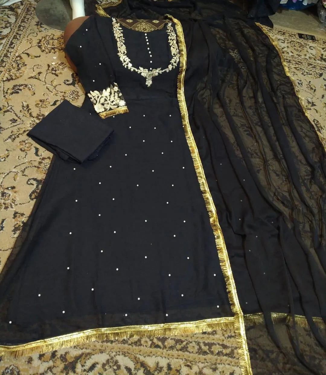 Chiffon 3-Piece Set with Gold Embroidery & Pearls