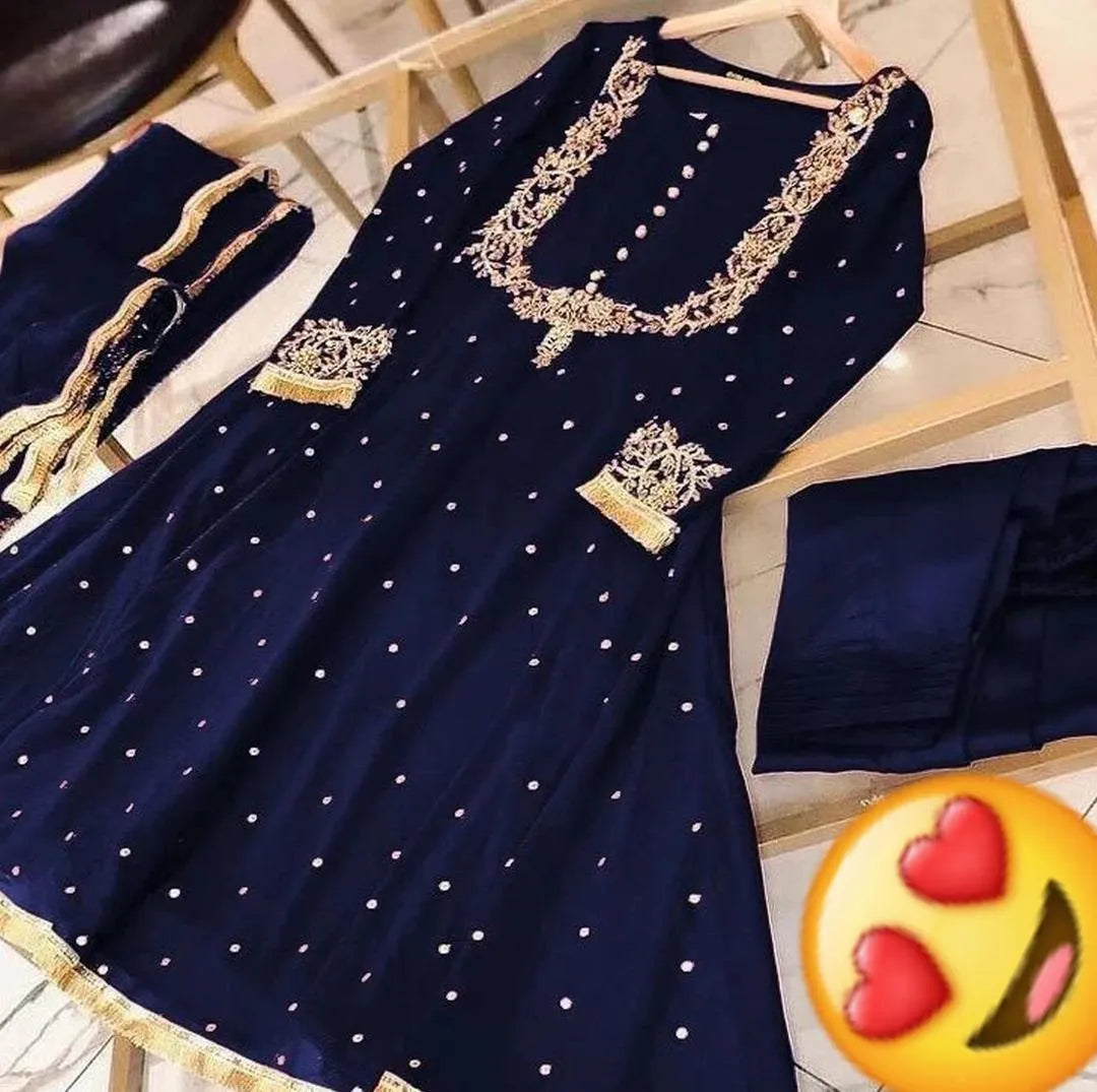 Chiffon 3-Piece Set with Gold Embroidery & Pearls