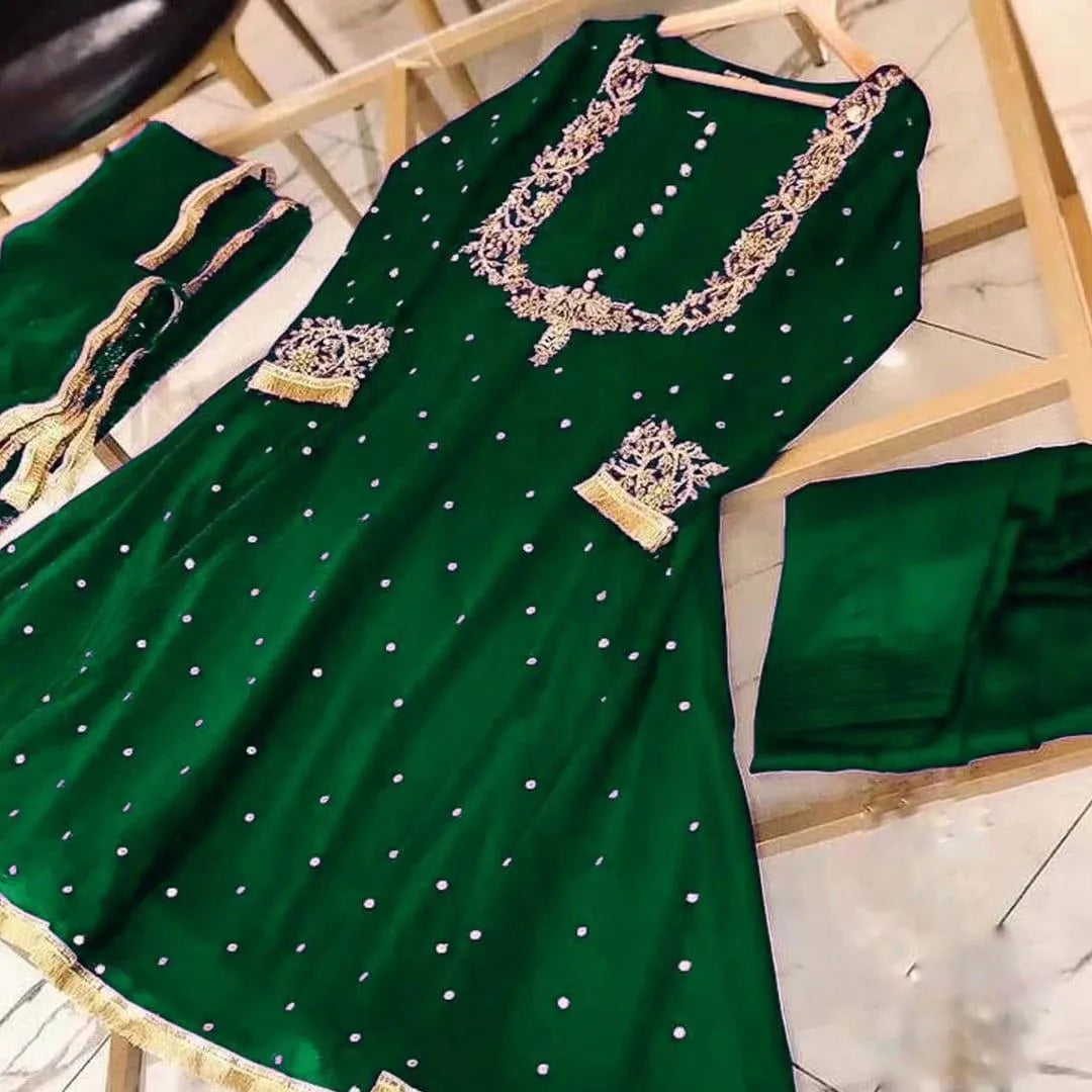 Chiffon 3-Piece Set with Gold Embroidery & Pearls