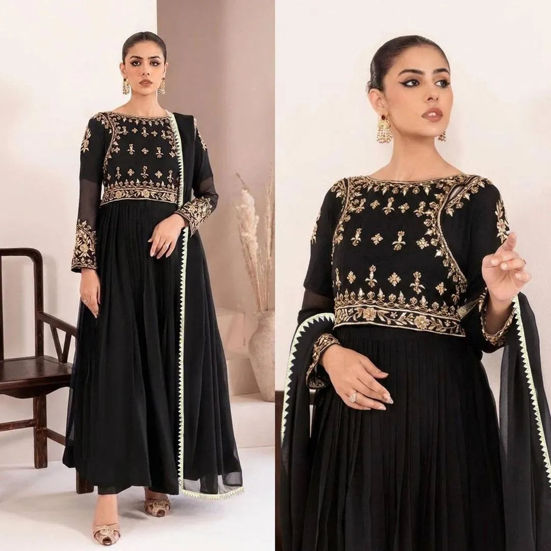 Black & Maroon Embroidered Maxi Suit with Lace Dupatta & Trouser Set