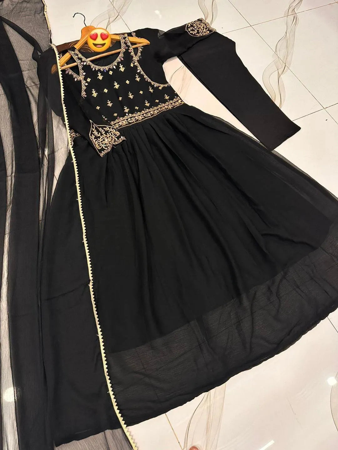 Black & Maroon Embroidered Maxi Suit with Lace Dupatta & Trouser Set