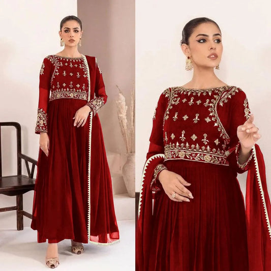 Black & Maroon Embroidered Maxi Suit with Lace Dupatta & Trouser Set