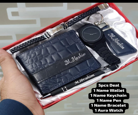 Customize Best Deal Gift Set for Men – Wallet, Keychain, Pen, Leather Bracelet & Aura Watch | Premium Personalized Gift Combo