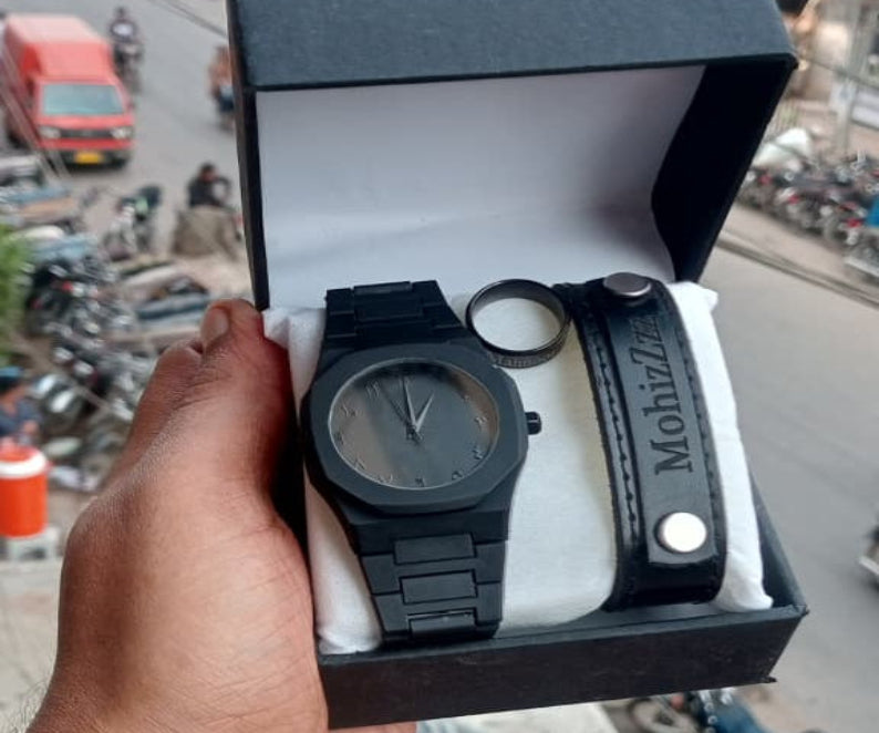 Black Deal For Him – Aura Watch Gift Set | Customized Leather Band & Steel Ring Combo | Men’s Premium Gift Box (Limited Offer Rs.1300)