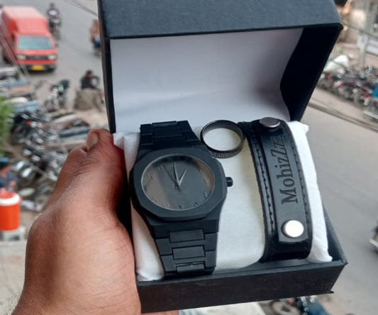 Black Deal For Him – Aura Watch Gift Set | Customized Leather Band & Steel Ring Combo | Men’s Premium Gift Box (Limited Offer Rs.1300)