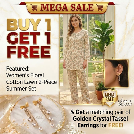 Buy : Women Floral Cotton Lawn 2-Piece Summer Set Medium & Get : Golden Crystal Earrings for Women 2 Pcs